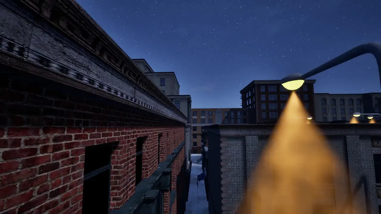 A rooftop chase above the streets of Disbond at night