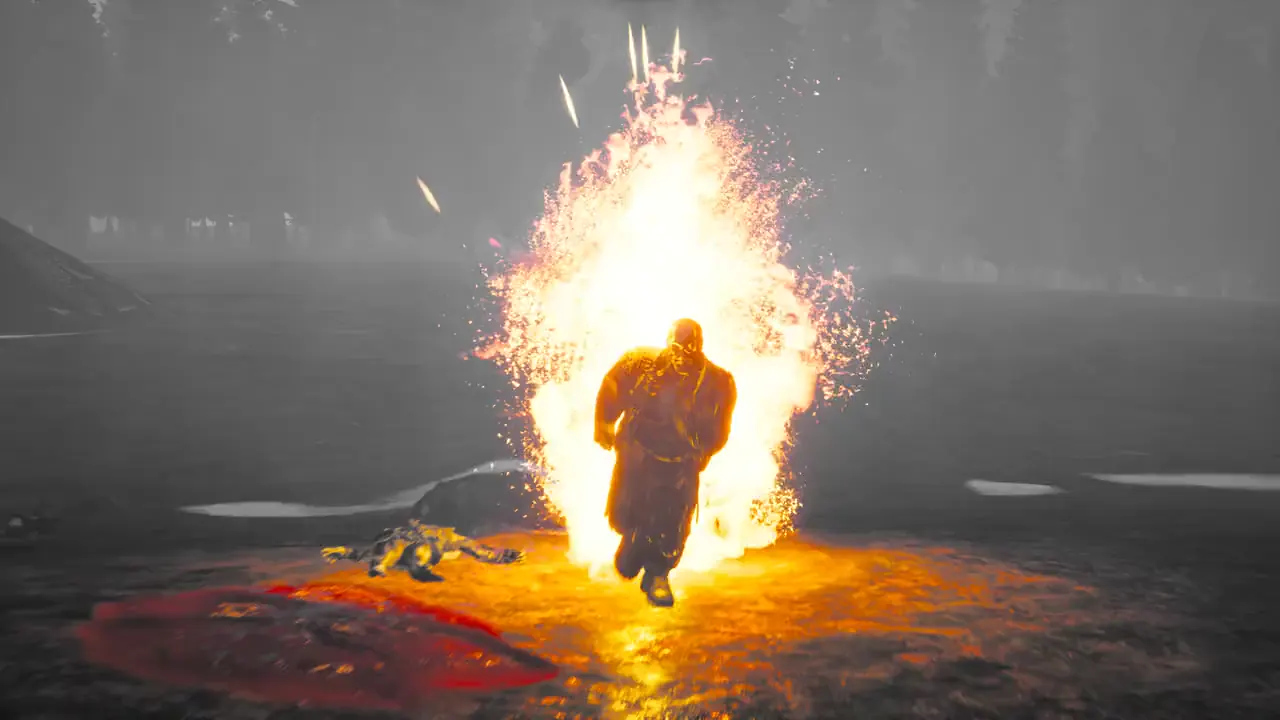 A burning infected and a horde of mutated zombies in a fortress courtyard in Disbond