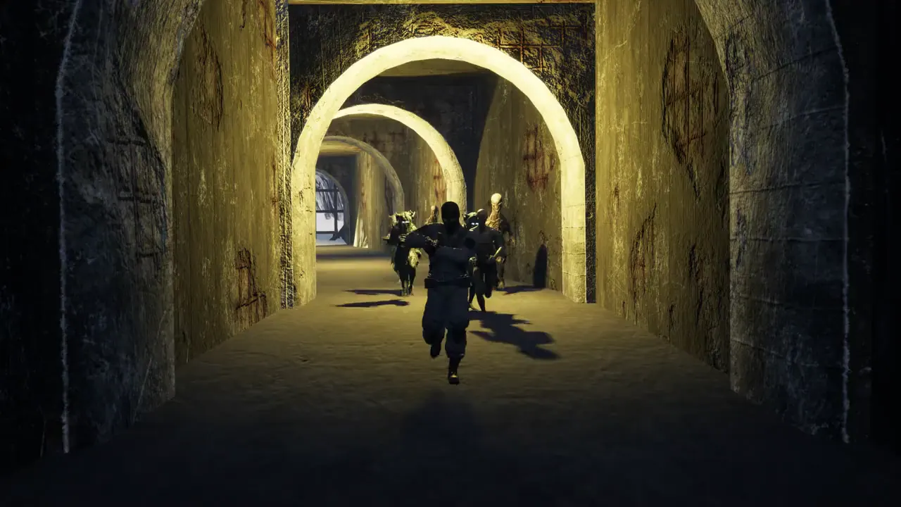 An armored human survivor fleeing infected through illuminated stone arches in Disbond